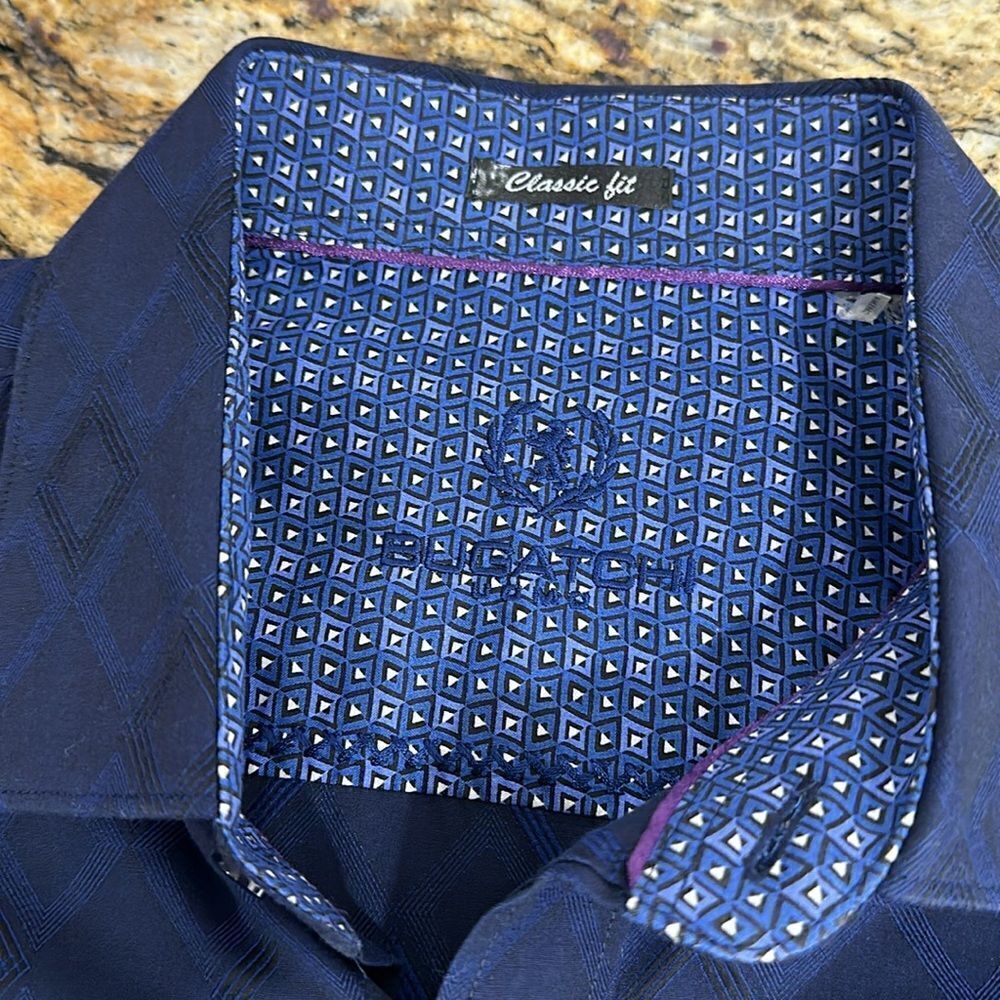 Bugatchi Blue Diamond Pattern Cotton Classic Fit … - image 5